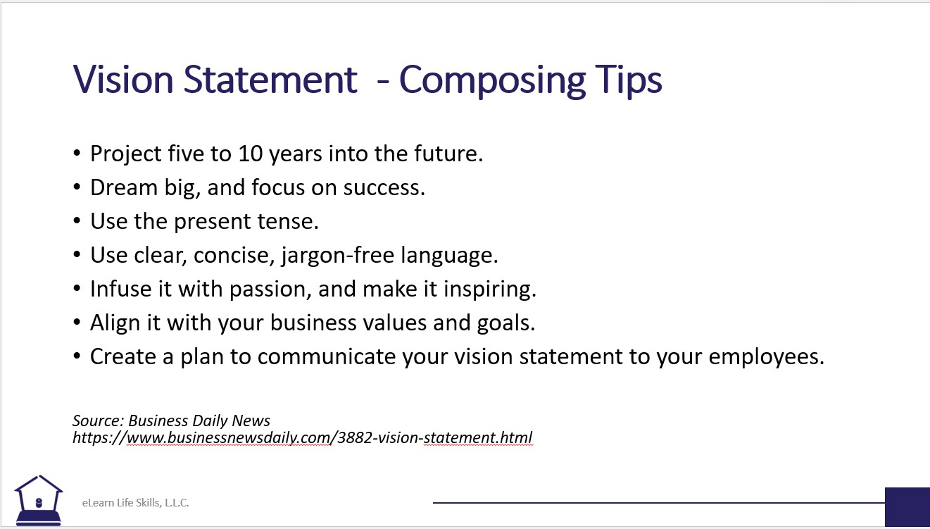 Business Plan Creation Tools Vision Statement Elearn Life Skills